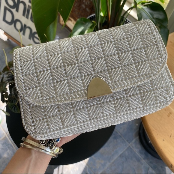 Vintage Handbags - Vintage Silver Threaded Woven Evening Clutch Bag